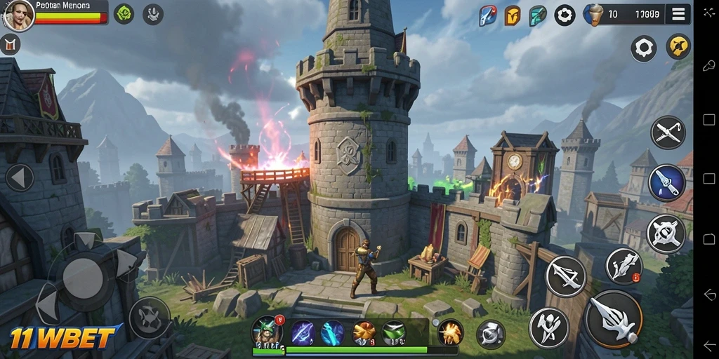 Tangkapan layar gameplay 11WBET dengan menara yang kuat melawan gelombang musuh.