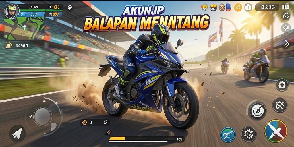 Screenshot gameplay <strong>AKUNJP</strong> yang menunjukkan balapan motor yang intens.