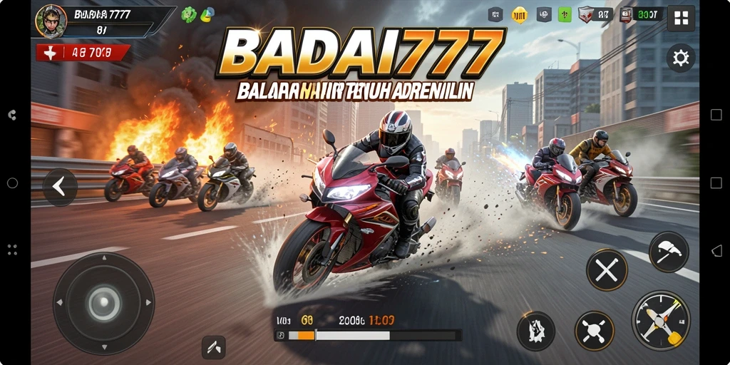 Tangkapan layar gameplay <strong>BADAI777</strong> dengan balapan motor mendebarkan.