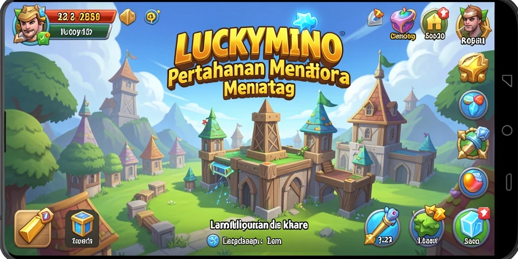 Tangkapan layar gameplay LUCKYMINO menampilkan pertahanan menara yang strategis.