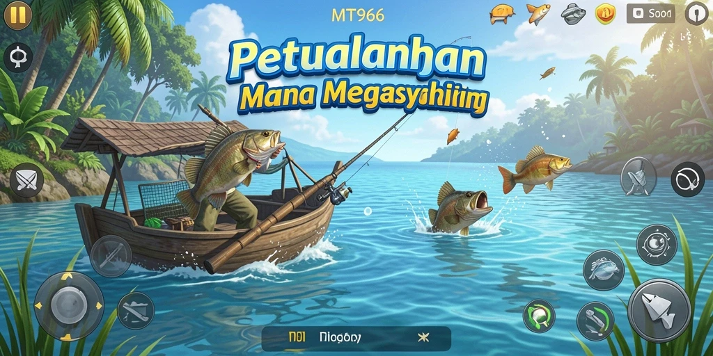 Tampilan gameplay menarik dalam MT966 saat menangkap ikan di danau.